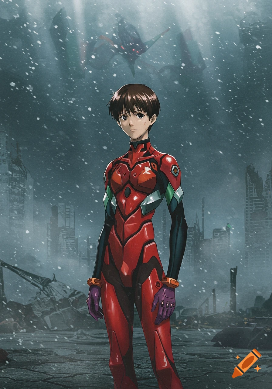 Anime character Shinji Ikari in a red plugsuit in a snowy, ruined city with a giant robot.