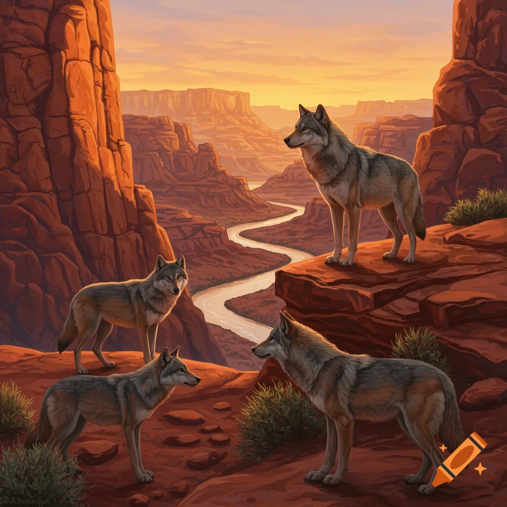 Four wolves stand among red rock formations overlooking a winding river in a canyon at sunset, digital painting.