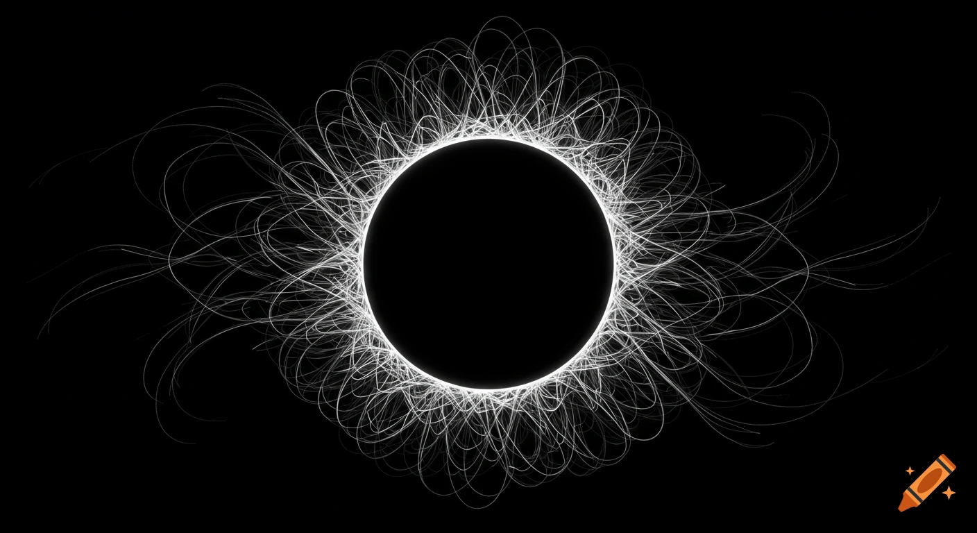 A glowing white intricate linear pattern radiates around a central black circle on a dark background, creating an abstract corona.