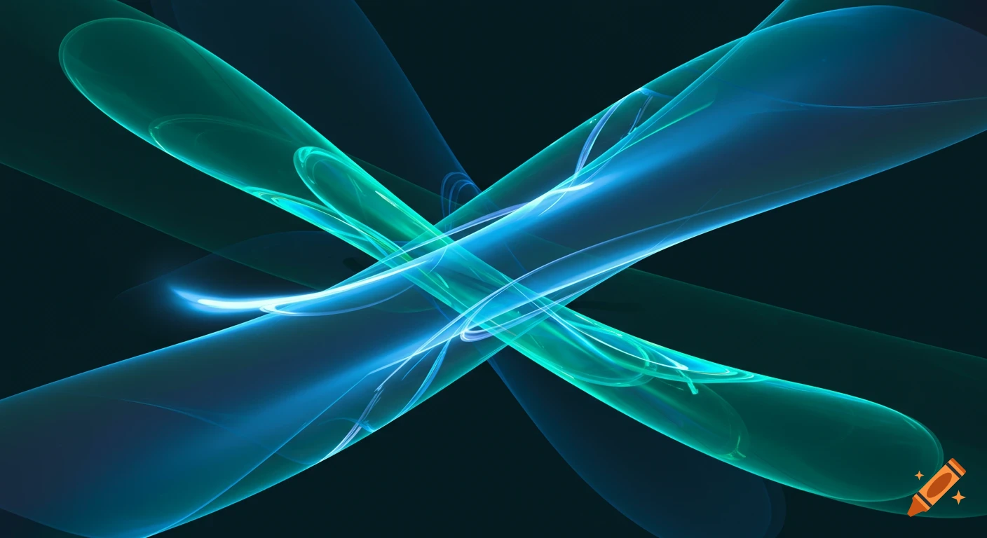 Abstract glowing blue and green intersecting wavy lines on a dark background.