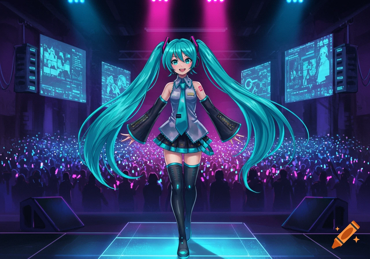 Hatsune Miku, an anime character with long turquoise pigtails, smiles while walking on a stage bathed in neon pink and blue lights, with a cheering crowd and large screens displaying data in the background.