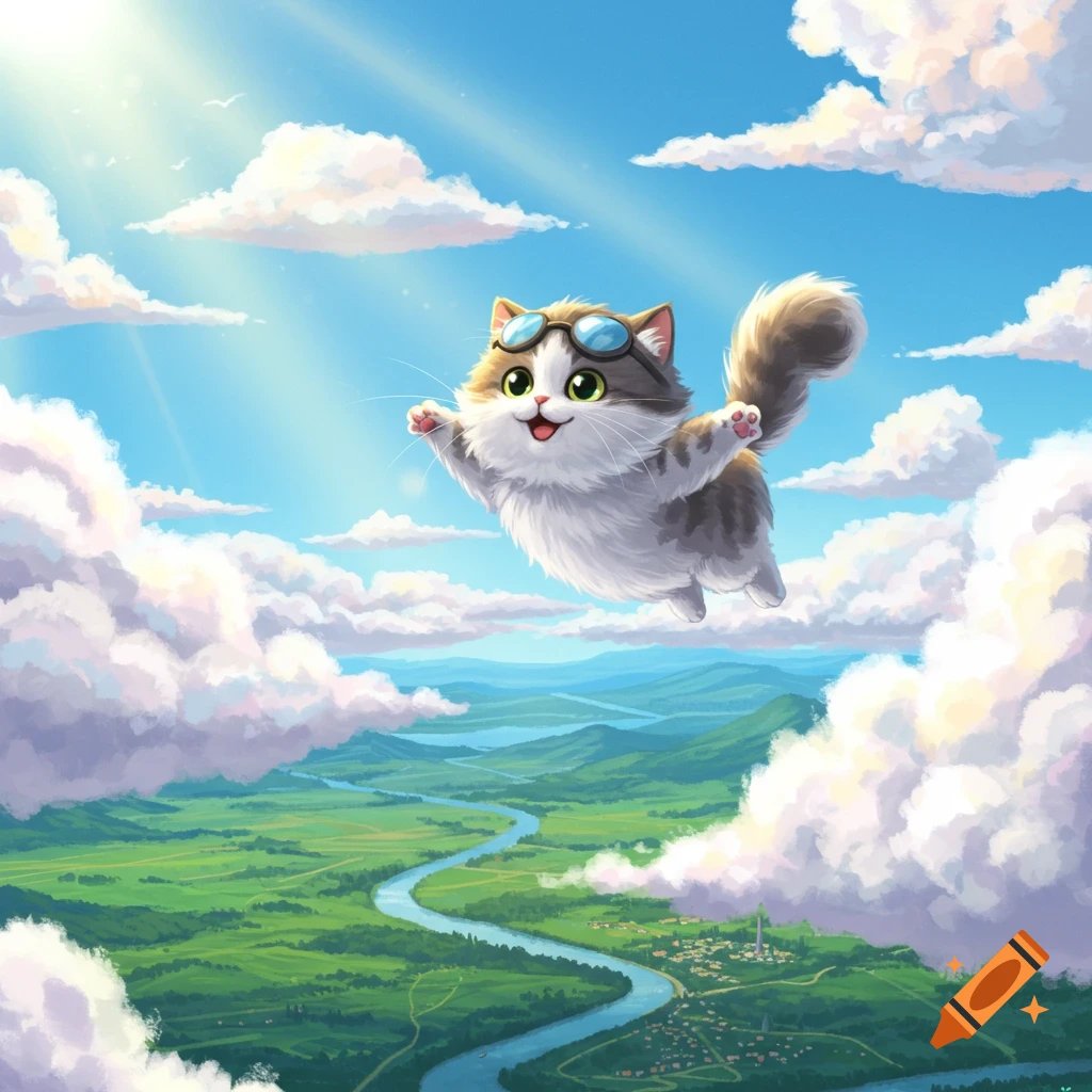 A cute, fluffy cartoon cat wearing aviator goggles flies joyfully through a bright blue sky filled with clouds, above a green landscape with a river.