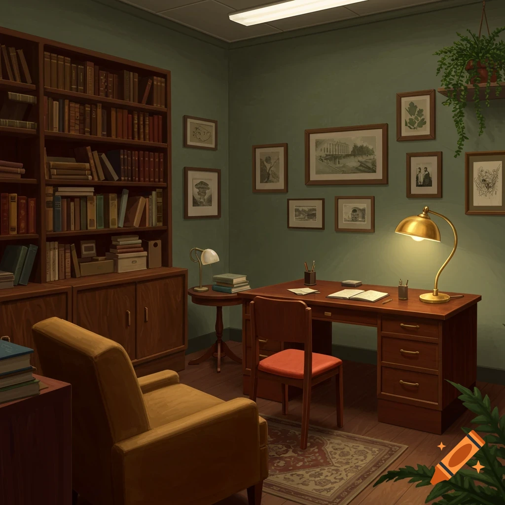 A warm, inviting study room with a large wooden bookshelf, a desk with a lamp, and a mustard armchair.
