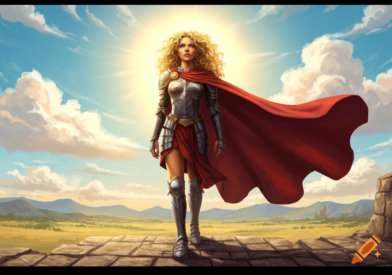 A heroic blonde woman with curly hair, wearing silver armor and a flowing red cape, stands on a stone path under a bright, cloudy sky with a golden landscape.