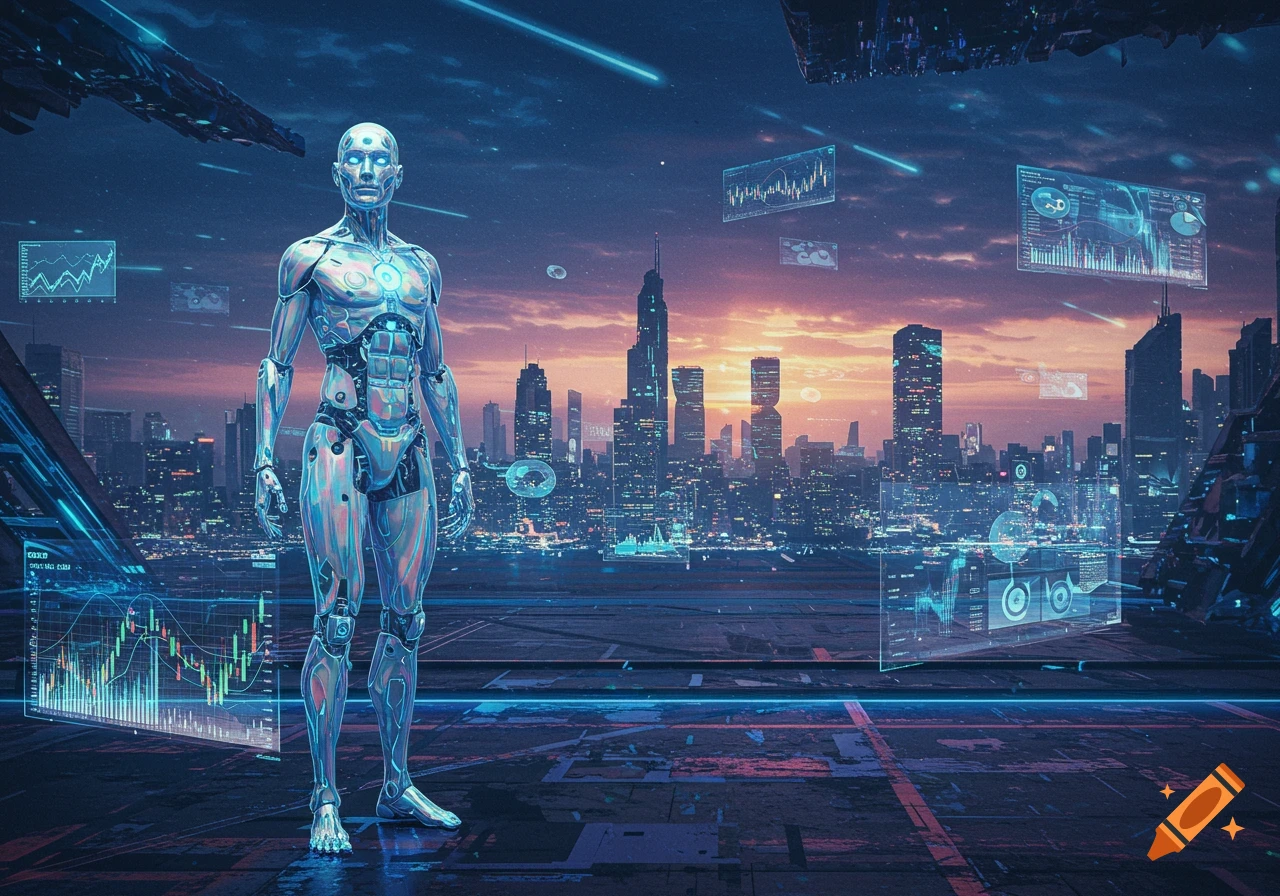 A chrome robot stands on a platform overlooking a futuristic city at sunset, surrounded by glowing holographic data screens.