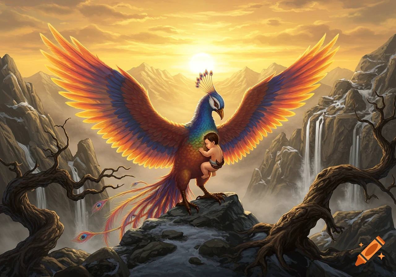 Vibrant fantasy illustration of a large, colorful Simurgh bird carrying a baby on its chest, set against a sunset mountain landscape with waterfalls.