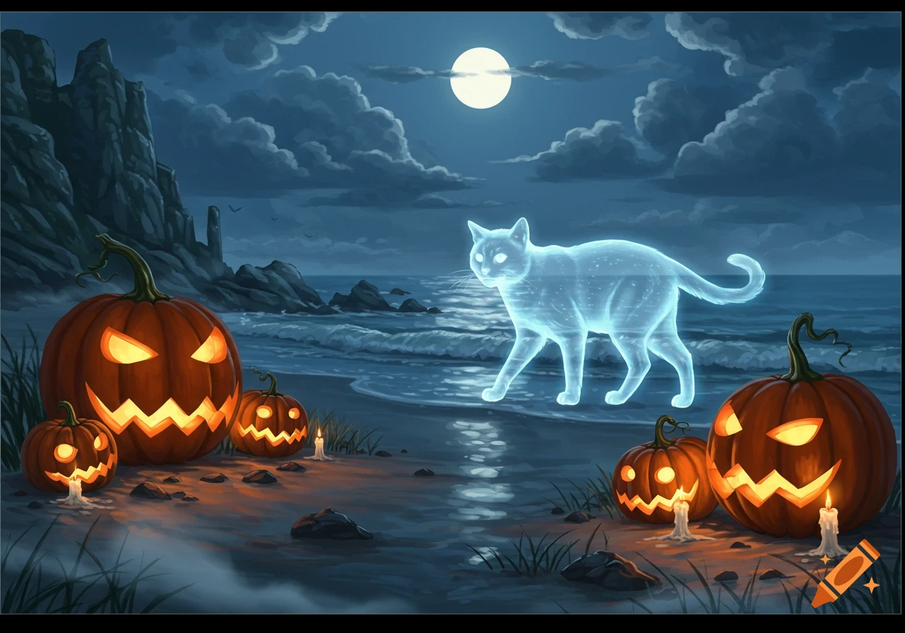 A glowing ghost cat walks on a moonlit beach amidst glowing jack-o'-lanterns, with rocky cliffs in the background.
