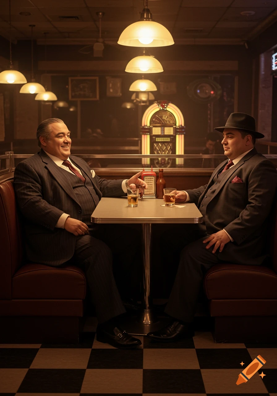 Two well-dressed men, reminiscent of mobsters, sit across from each other at a booth table in a dimly lit retro diner with a jukebox.