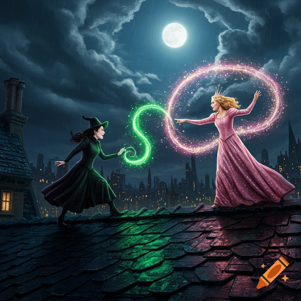 A green-clad witch and a pink-gowned sorceress battle with magic on a dark, rainy rooftop under a full moon, with a city skyline in the background.