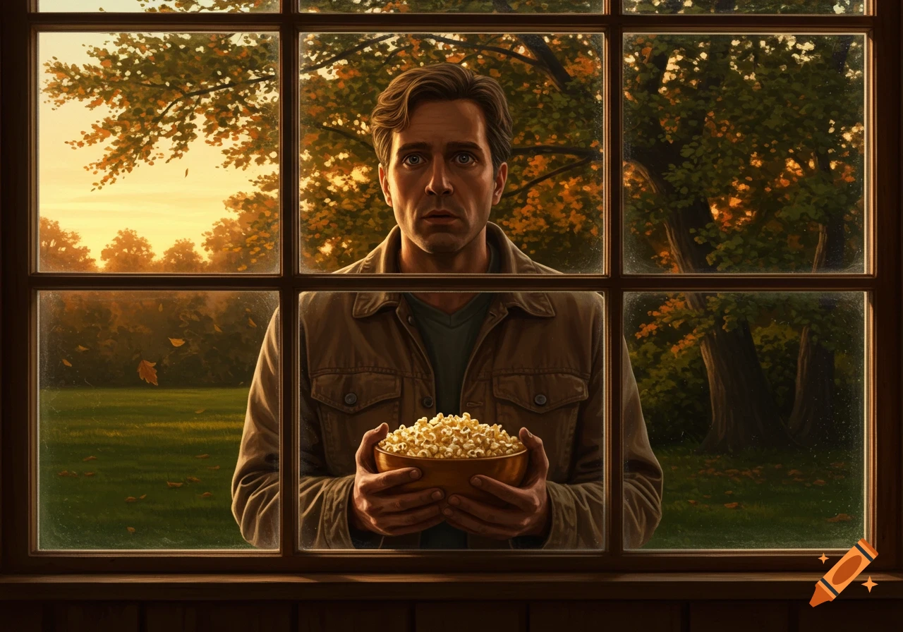 A man with a surprised expression looks through a window, holding a bowl of popcorn, with an autumnal scene outside.