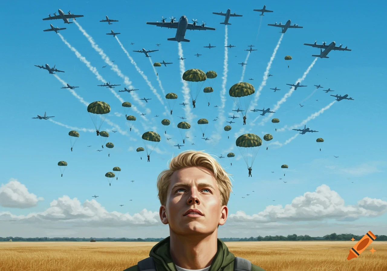 A blonde man in a field looks up at a clear blue sky filled with cargo planes and paratroopers descending. Photorealistic.