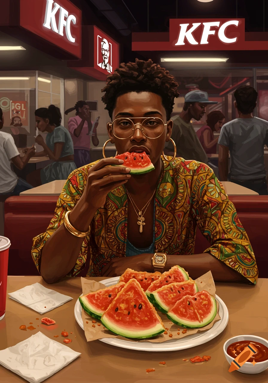 An illustration of a person eating fried watermelon at a KFC restaurant, with more fried watermelon on a plate.