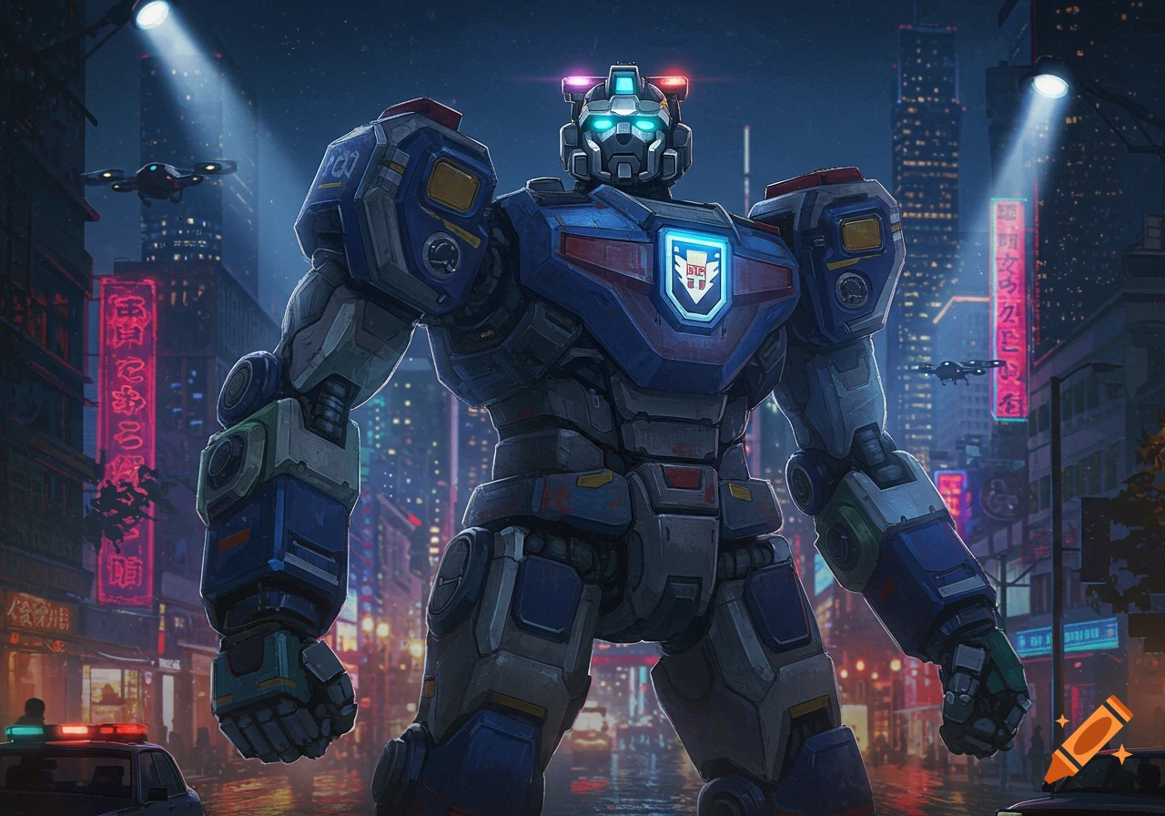 Large blue and grey police robot stands in a futuristic city street at night, with neon signs and flying drones in the background.