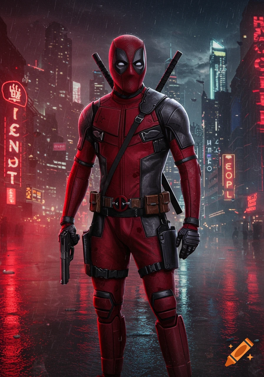 Deadpool in his red and black suit holding a pistol, standing in a rainy, neon-lit cyberpunk city at night.