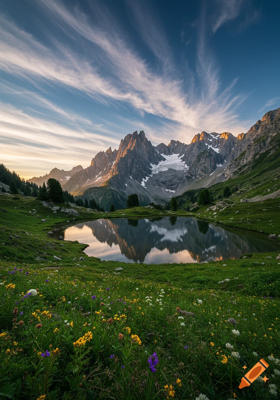 A serene mountain lake reflects towering peaks and a cloudy sky, surrounded by vibrant green meadows dotted with wildflowers at sunset.