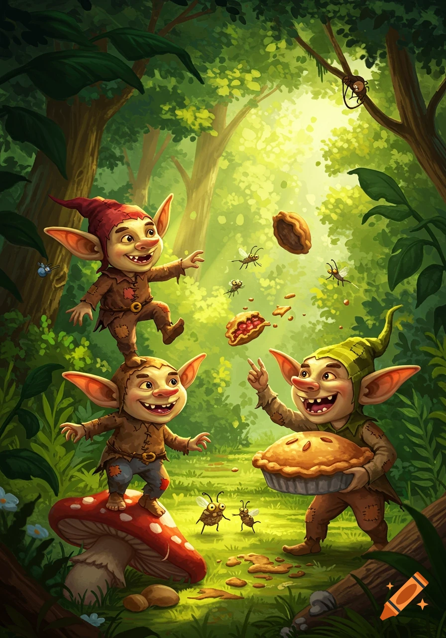 Three cheerful cartoon goblins play in a vibrant green forest, one balances on another while a third holds a pie.