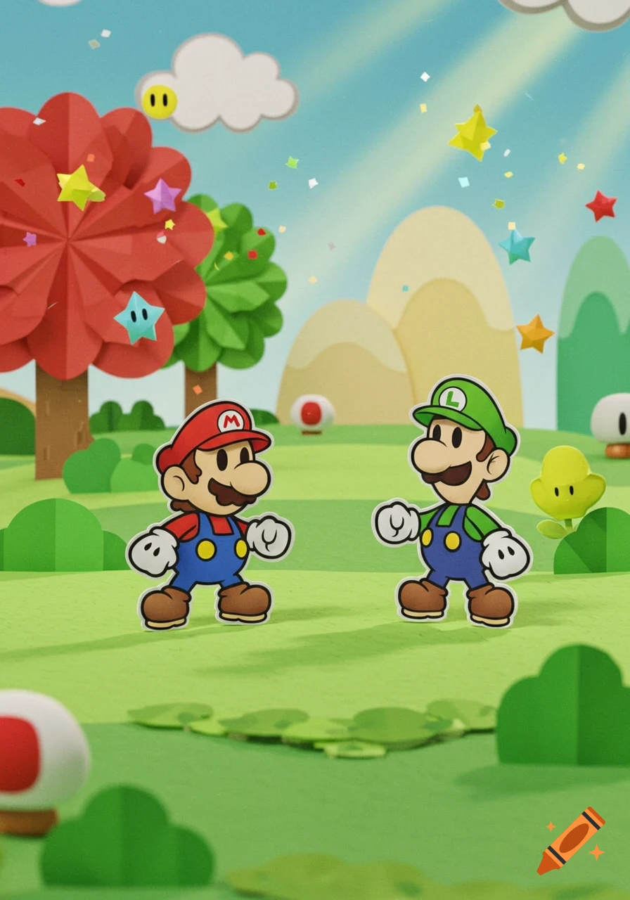 Paper Mario and Paper Luigi stand in a bright, colorful papercraft landscape with hills, trees, and stars.