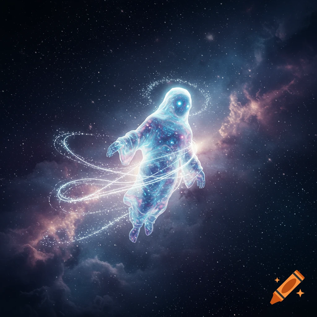 A glowing, ethereal humanoid figure made of stars and light floats in deep space, surrounded by swirling luminous trails against a dark nebula background.