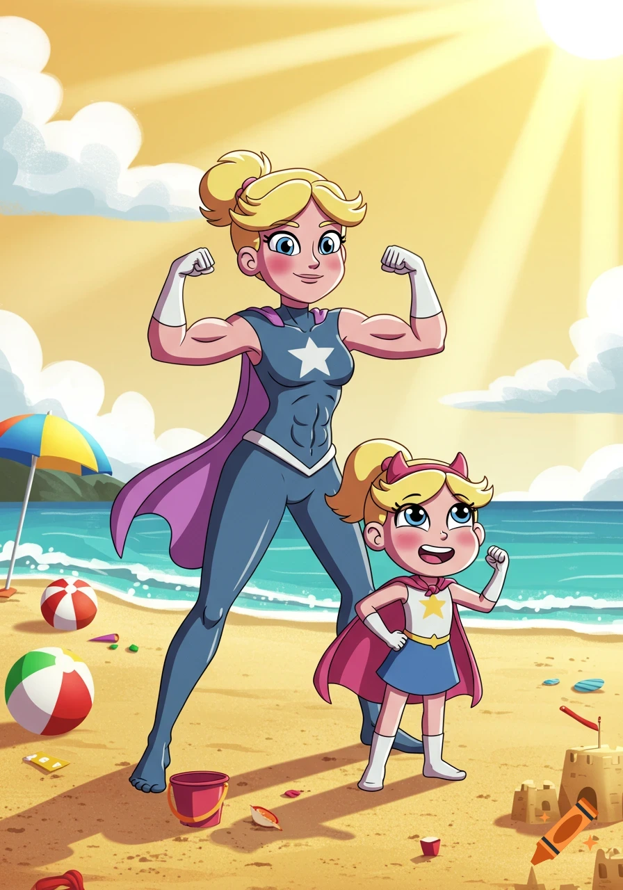 A cartoon mother and daughter in superhero outfits flex their muscles on a sunny beach with sandcastles and beach balls.
