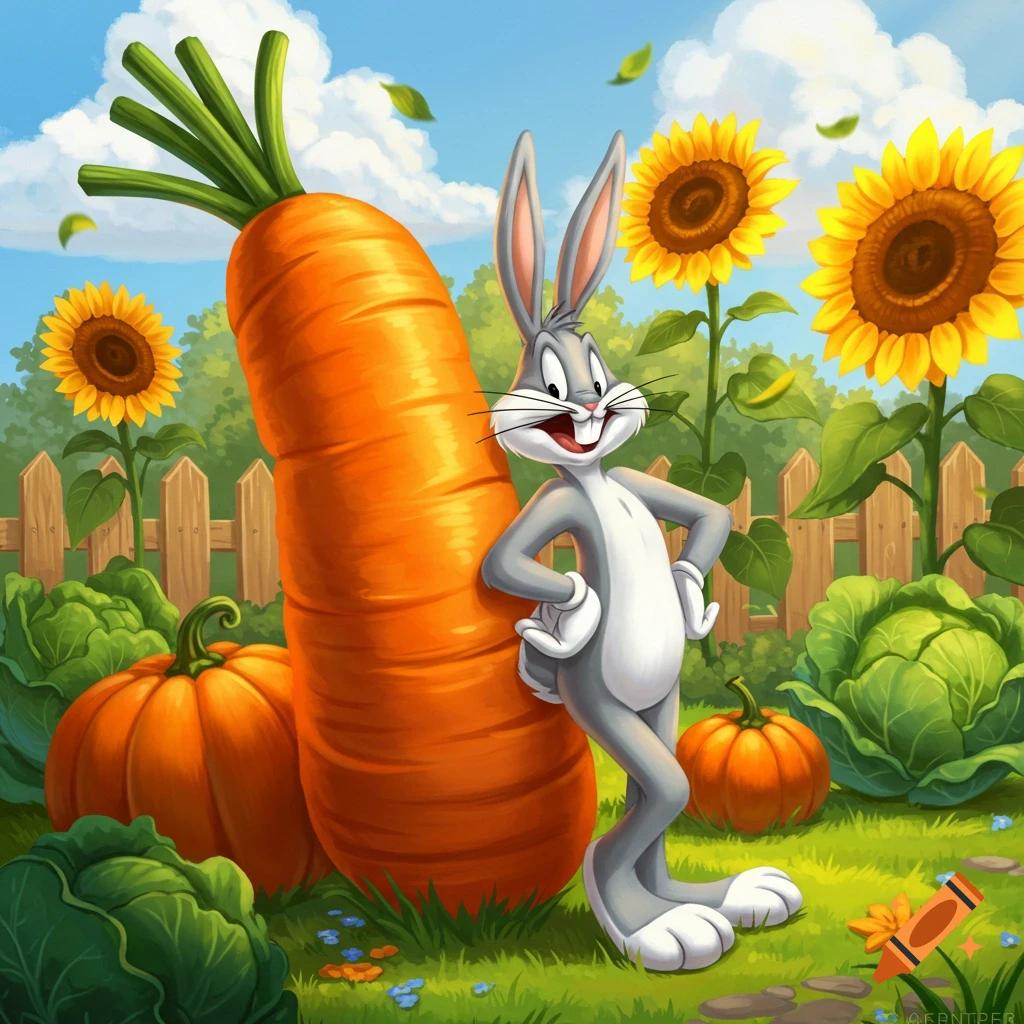 Bugs Bunny leans against a giant carrot in a sunny garden filled with pumpkins, cabbages, and sunflowers.
