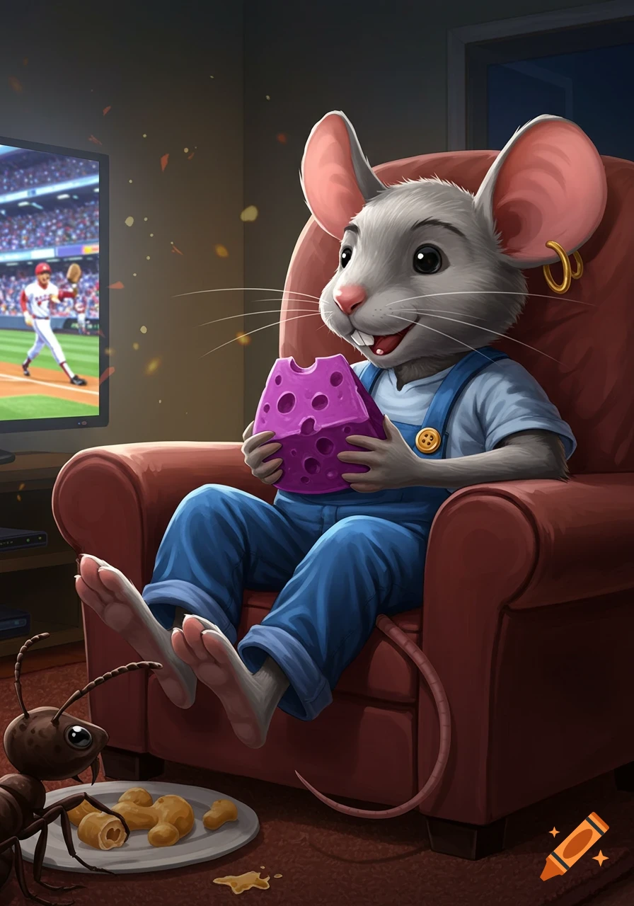 A happy cartoon mouse in blue overalls sits in a red armchair, holding purple cheese and watching a baseball game on TV. An ant looks at food on the floor.
