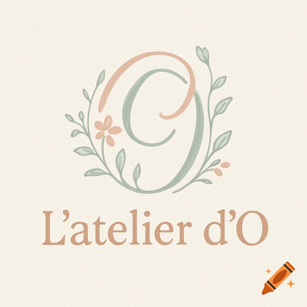 A pastel logo with stylized intertwined letters 'O' and 'C' framed by leaves and a flower, with the text "L'atelier d'O" below.