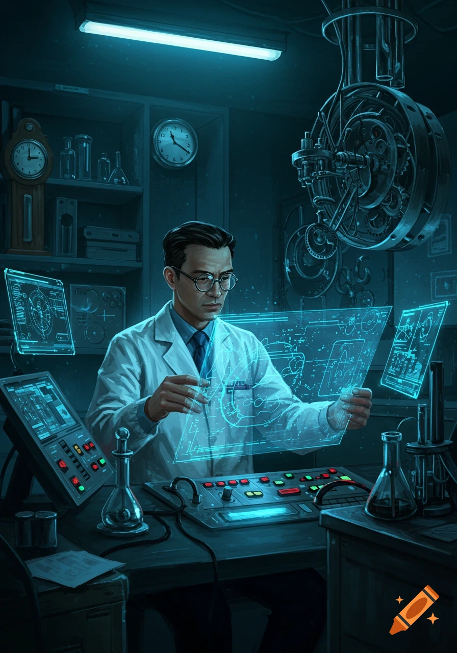 Male scientist in a lab coat and glasses works in a futuristic lab with glowing blue holographic displays and complex machinery.