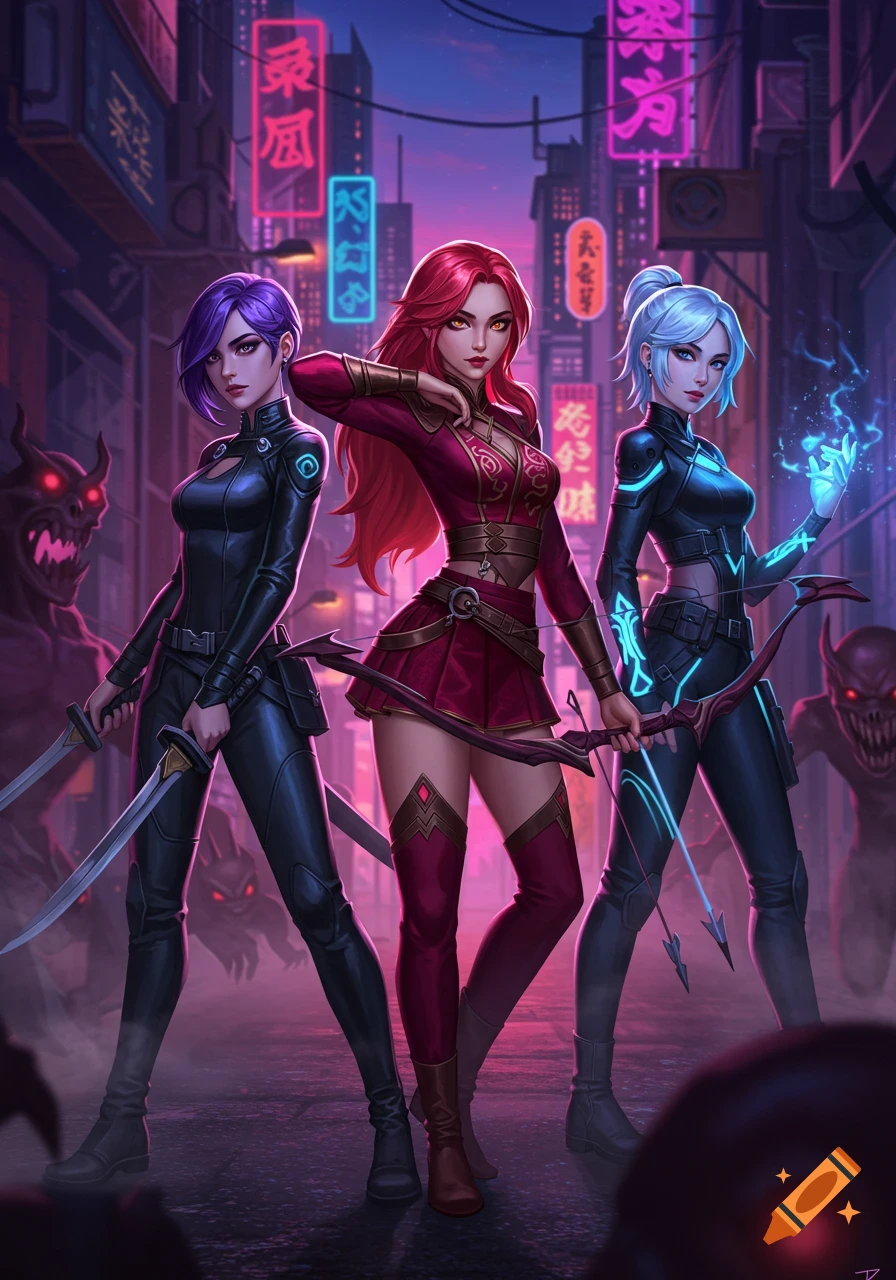 Three female demon hunters in a neon cyberpunk city, with shadowy demons in the background.