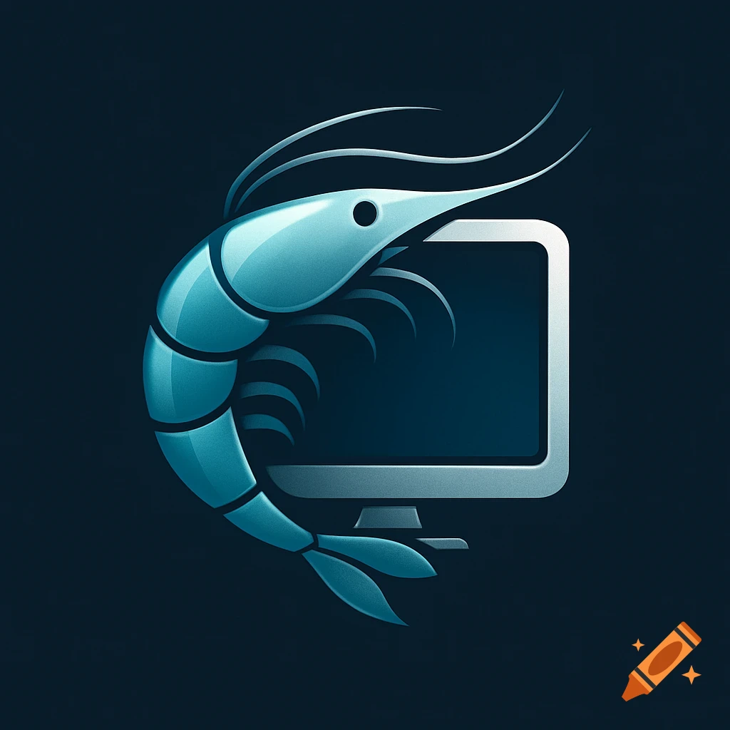 A stylized blue shrimp curled around a silver computer monitor, designed as a logo against a dark background.