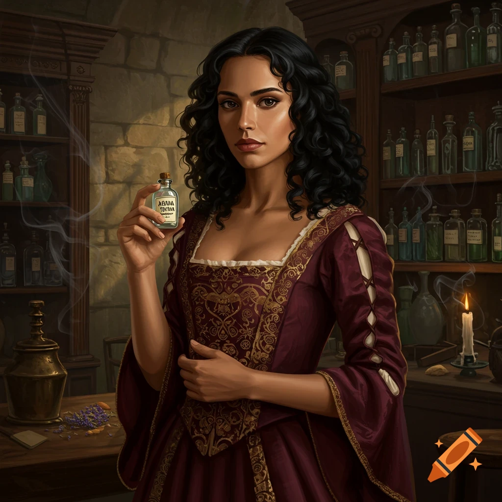 A woman in a burgundy historical gown holds a small labeled bottle in a dimly lit apothecary with shelves of bottles.