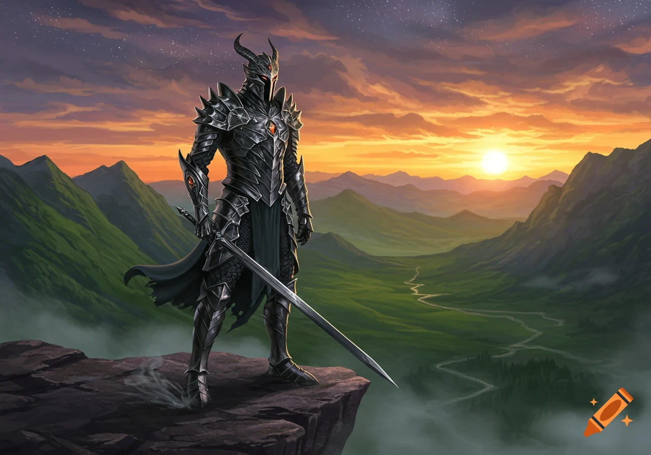 A formidable knight in dark, horned armor stands on a cliff overlooking a vast mountain valley at sunset, holding a sword.