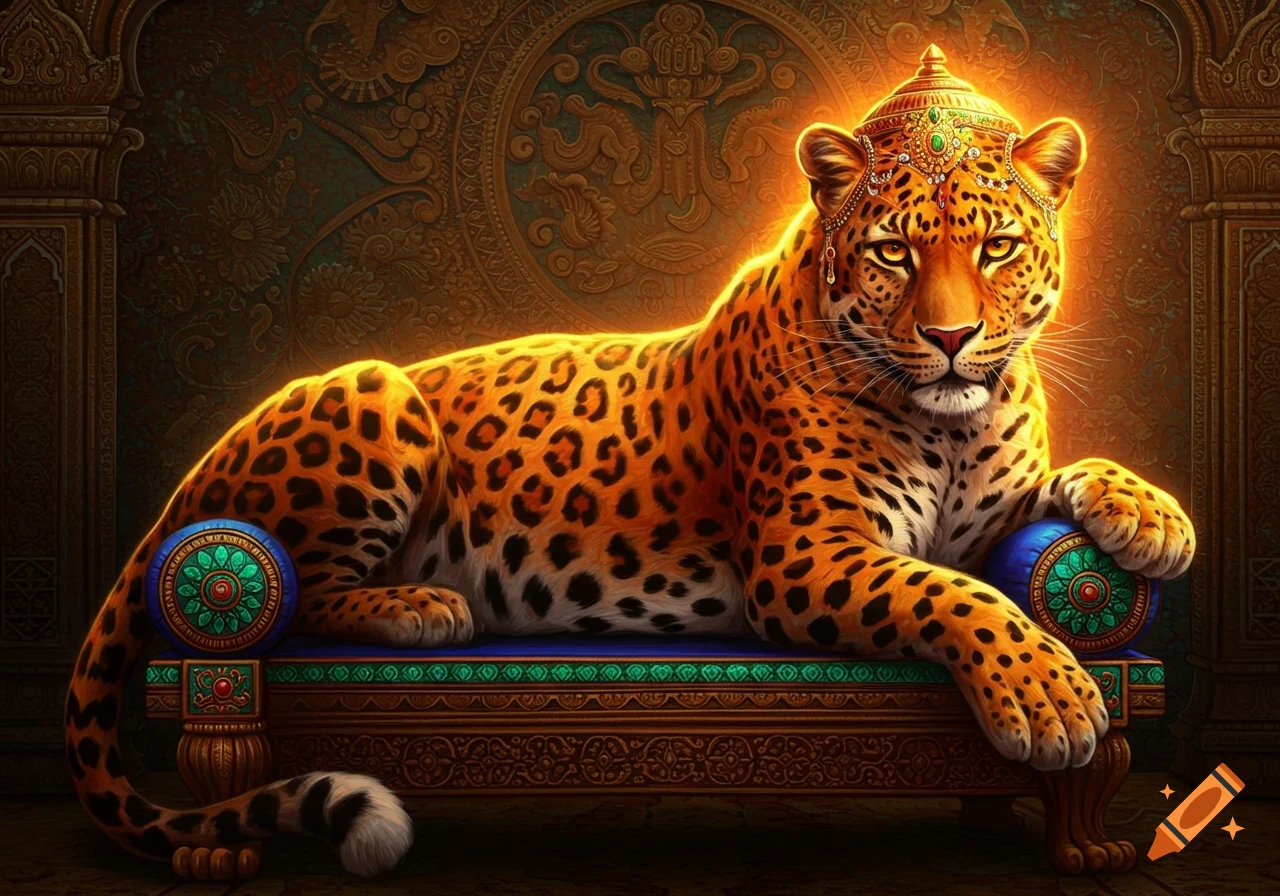 A majestic, glowing leopard with a golden crown sits on an ornate blue and gold throne in the style of old Indian art.