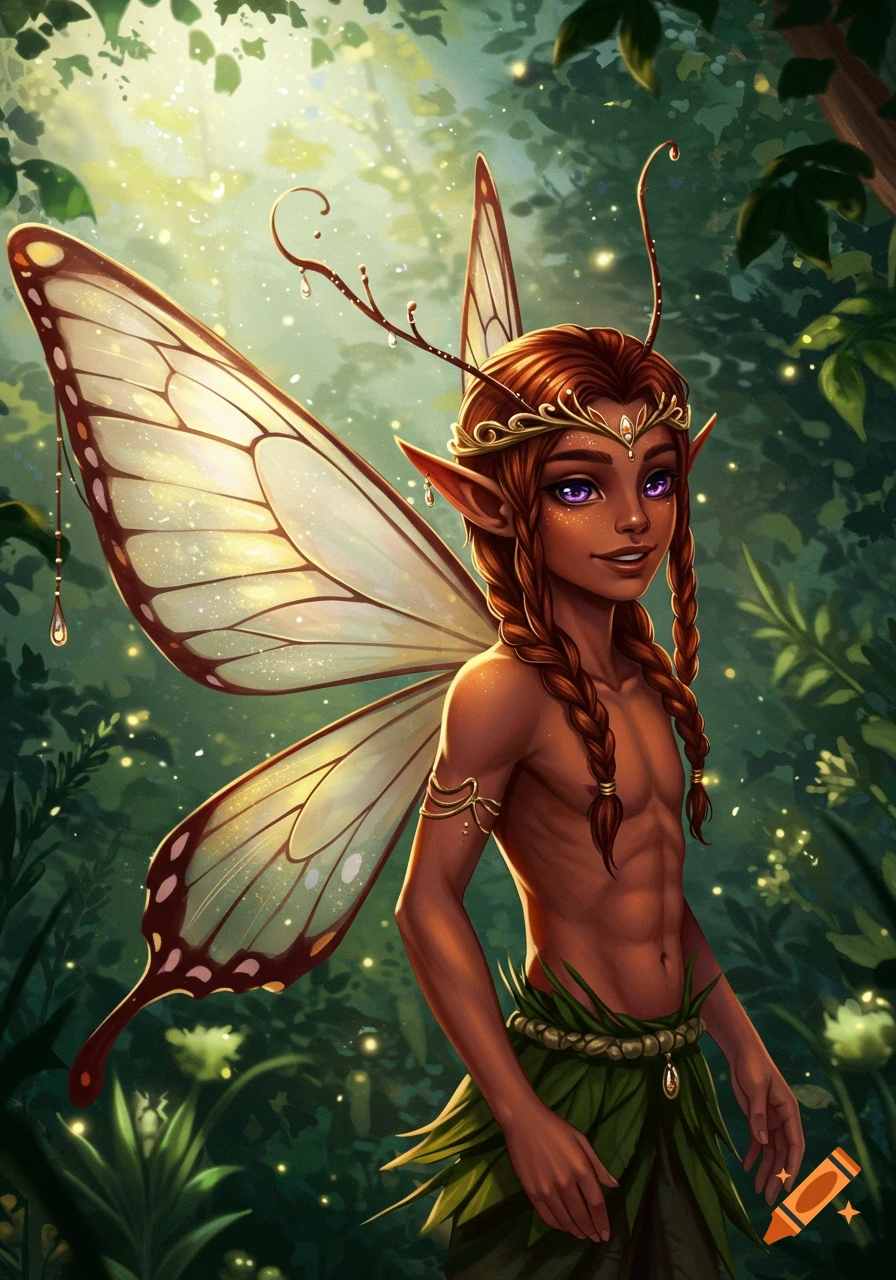Digital illustration of a dark-skinned boy fairy with auburn braids, purple eyes, butterfly wings, and a leaf skirt, standing in a sparkling forest.