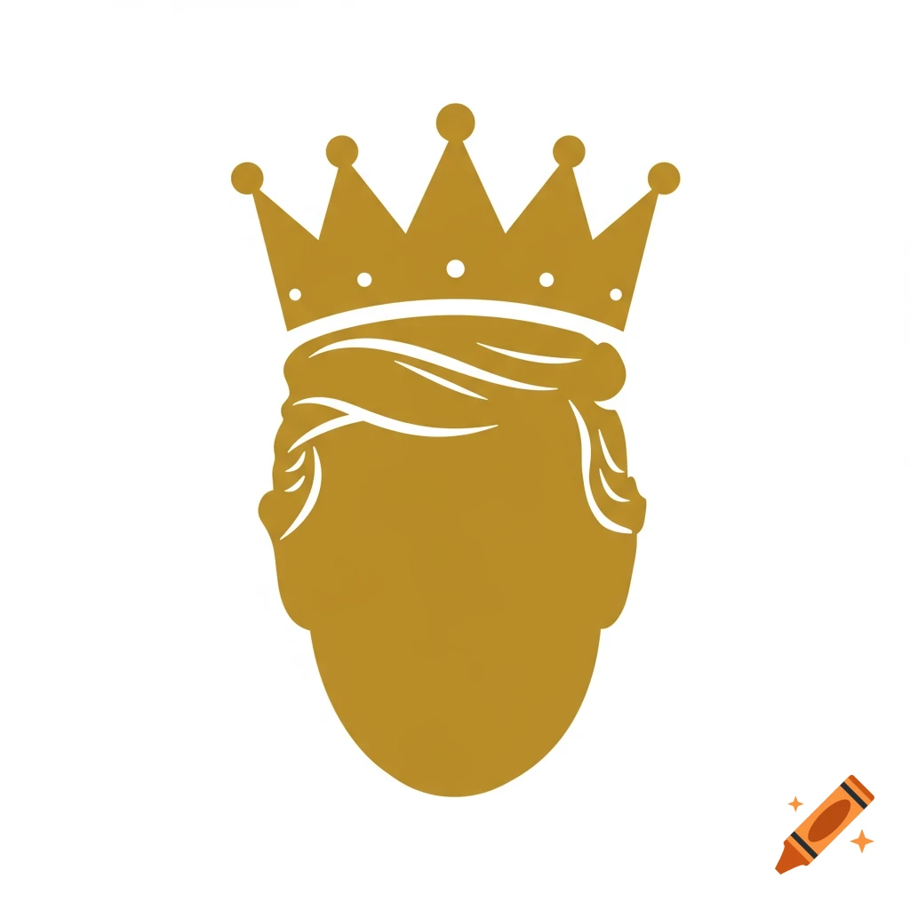 A golden silhouette of a stylized head with abstract hair, wearing a crown, on a white background.