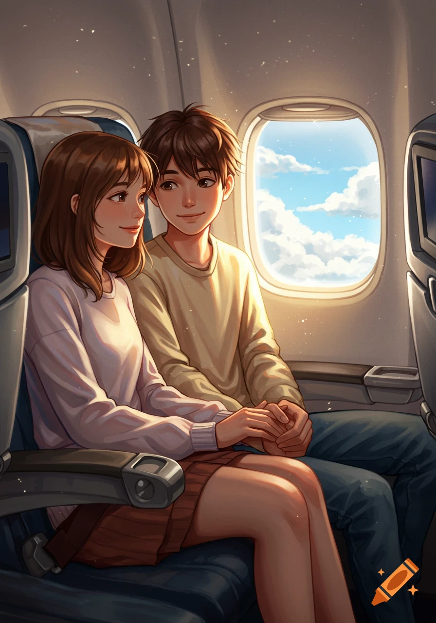 An anime illustration of a young couple holding hands on an airplane, looking at each other with a window view of clouds and blue sky.