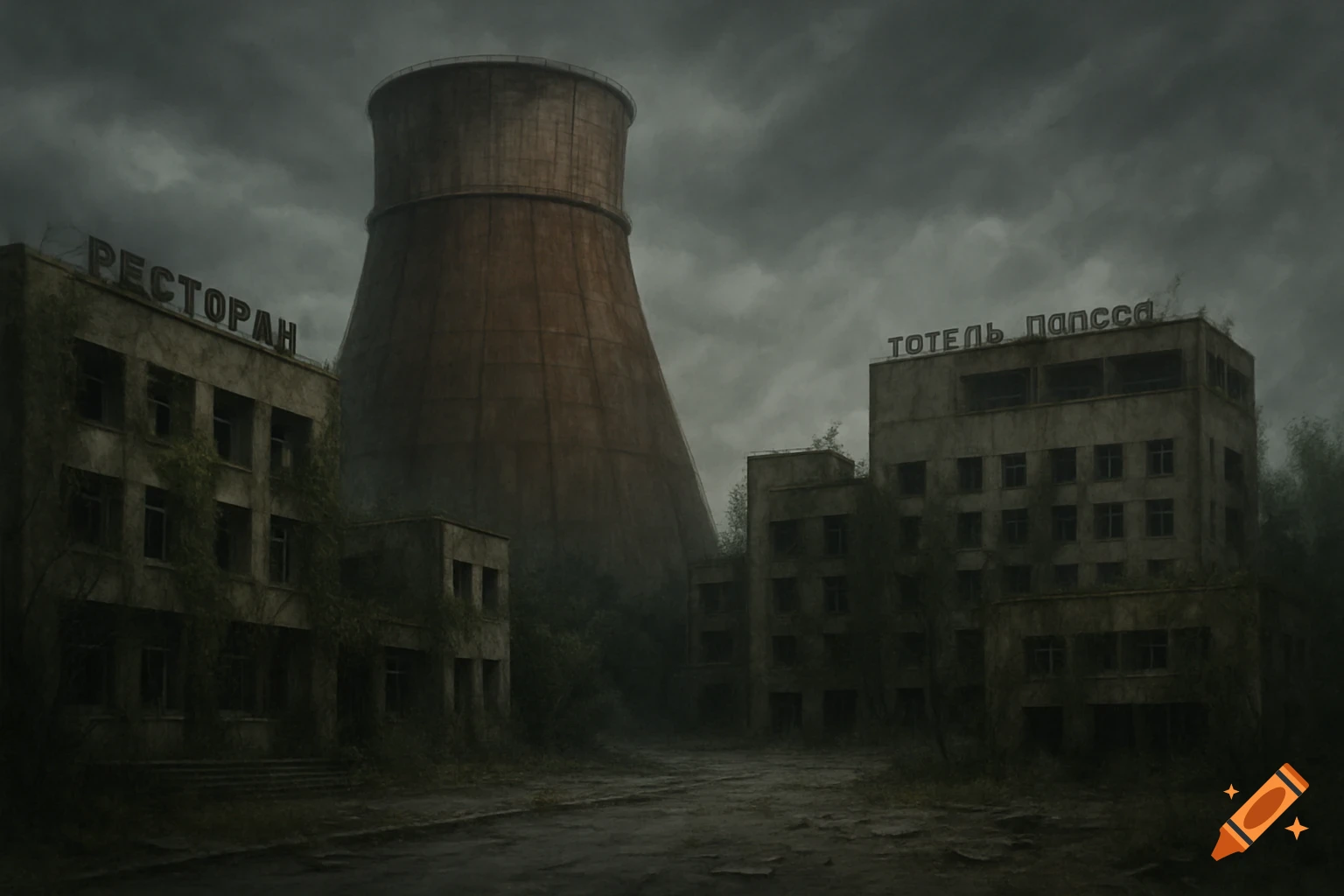 A dark, gloomy image of an abandoned city with a large cooling tower and derelict buildings covered in overgrowth under a grey sky.