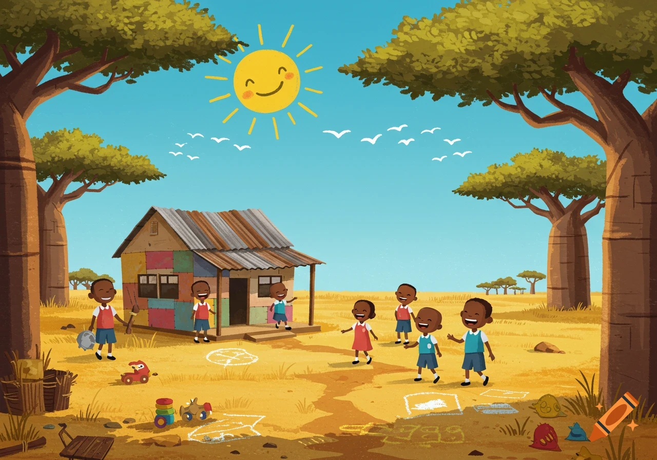 A cartoon illustration shows happy children playing around a simple, colorful house in an African savanna under a smiling sun. Baobab trees dot the landscape.