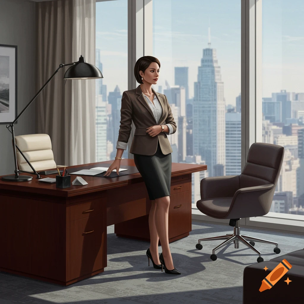 A confident professional woman in business attire stands by a desk, looking out a large window at a modern cityscape.