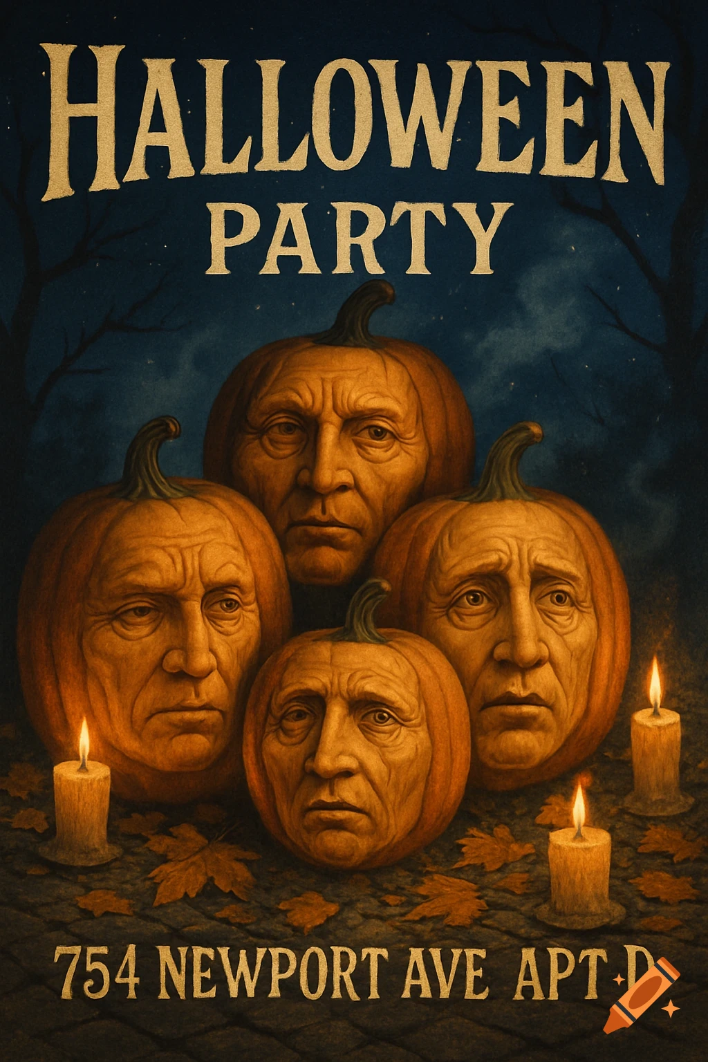 Halloween party invitation with four pumpkins carved with detailed human faces, candles, and party details.
