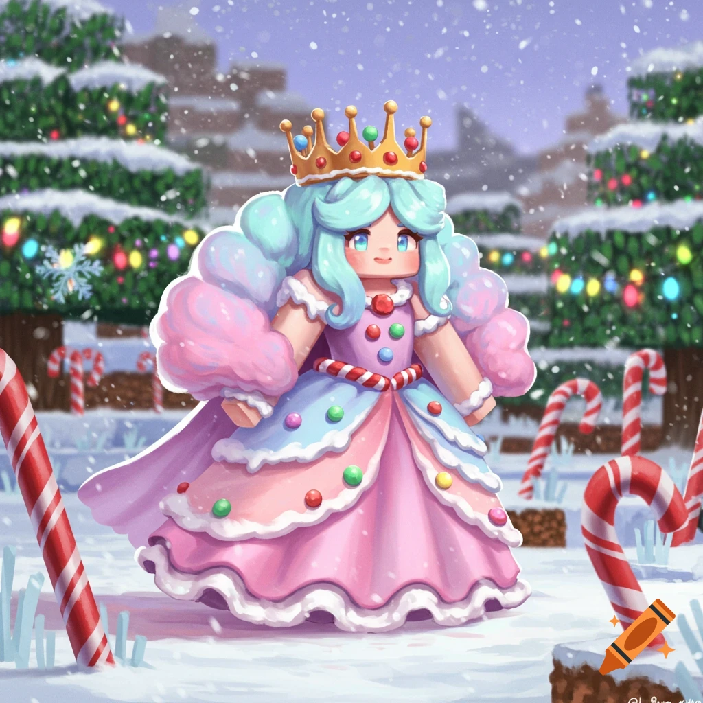 A pastel, Minecraft-style candy queen with blue hair and a crown in a pink gown stands in a snowy Christmas landscape with decorated trees and candy canes.