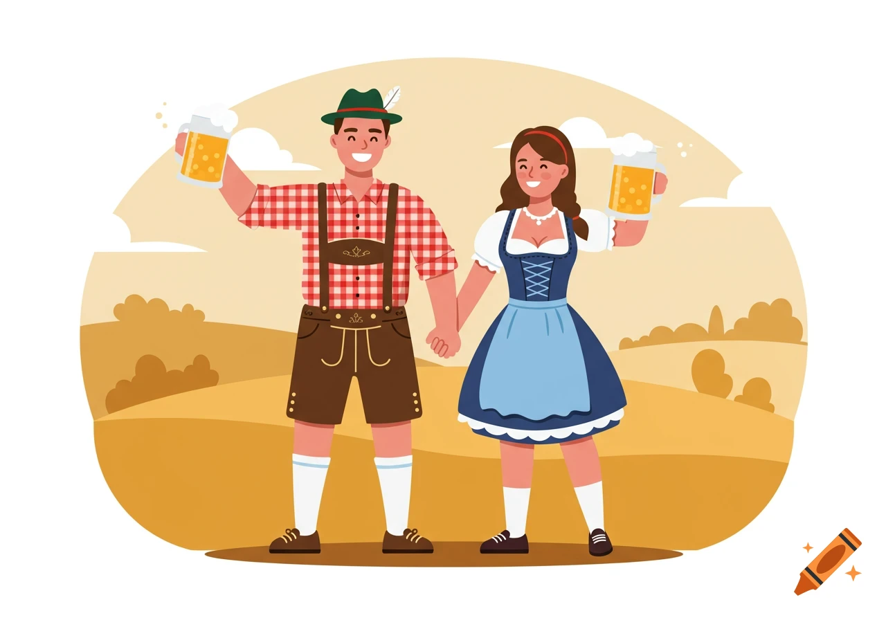 A man and woman in traditional Oktoberfest attire holding beer mugs, hand-in-hand, in vector art style.