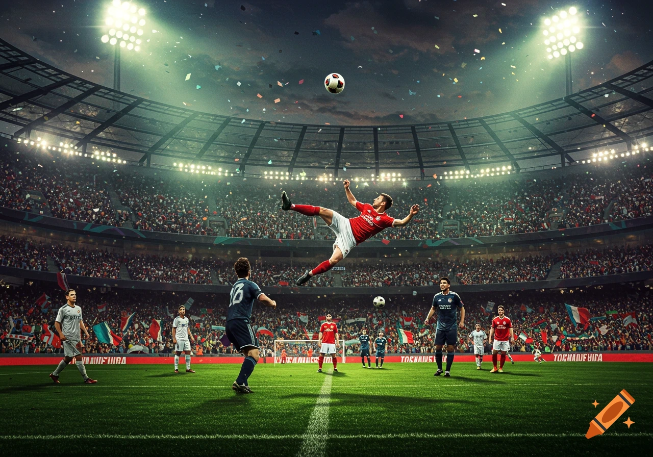 A photorealistic wide shot of a soccer player mid-air attempting a kick in a brightly lit, confetti-filled stadium packed with fans.