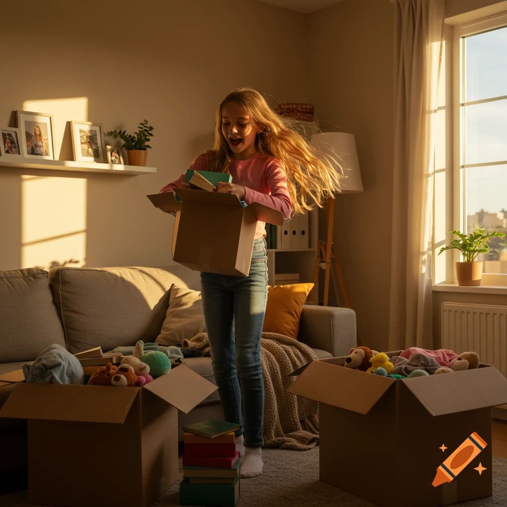 Excited blonde tween girl unpacking boxes in a sunlit living room, photorealistic style.