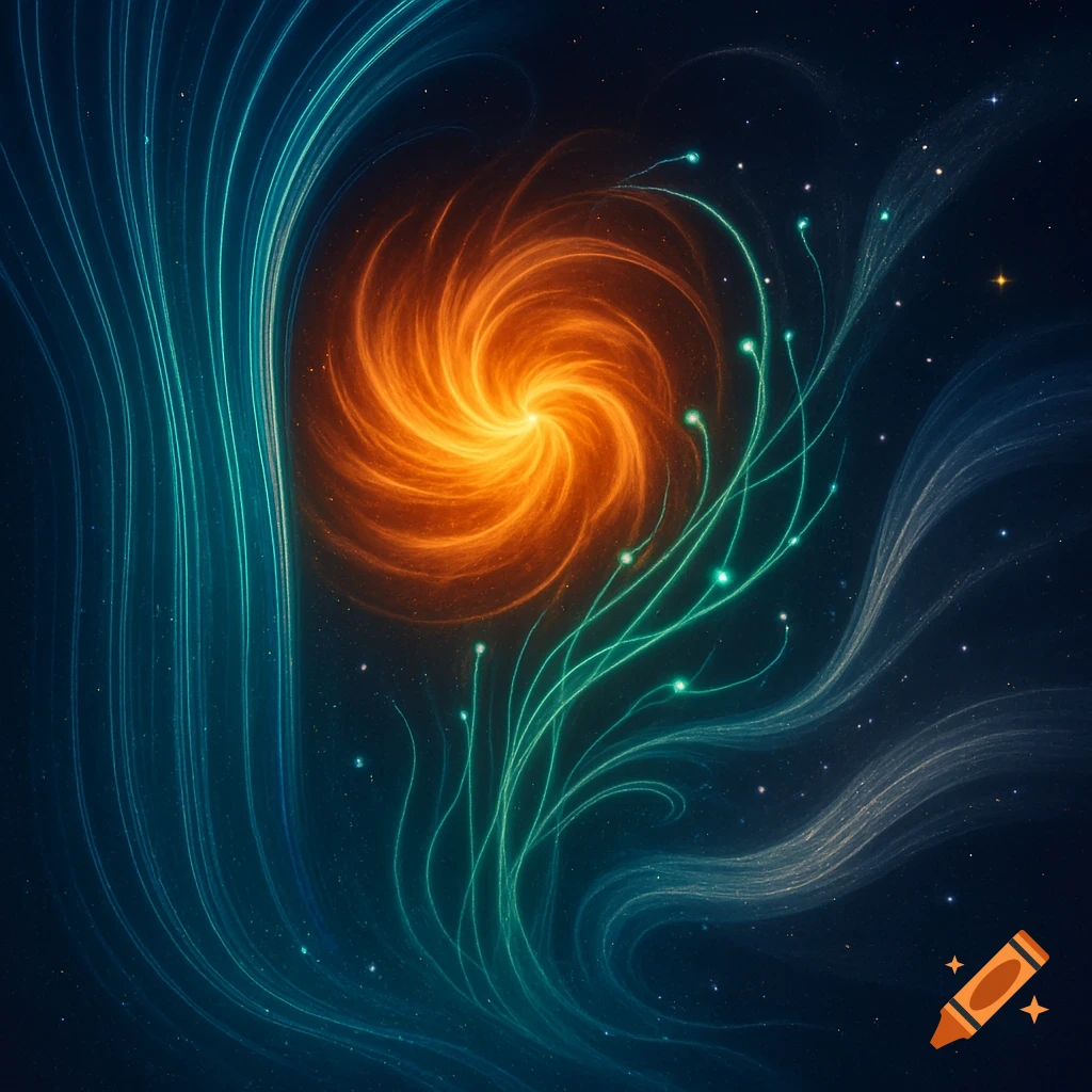 Abstract image of a swirling orange energy vortex surrounded by flowing blue and green light tendrils in a dark, starry cosmic background.