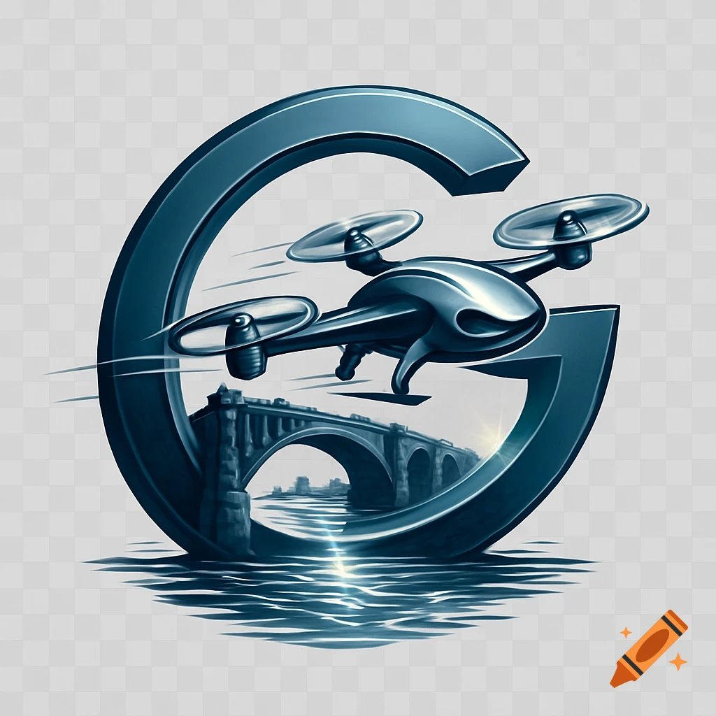 3D metallic blue drone flies through a G-shaped ring above a bridge reflected in water, against a transparent background.