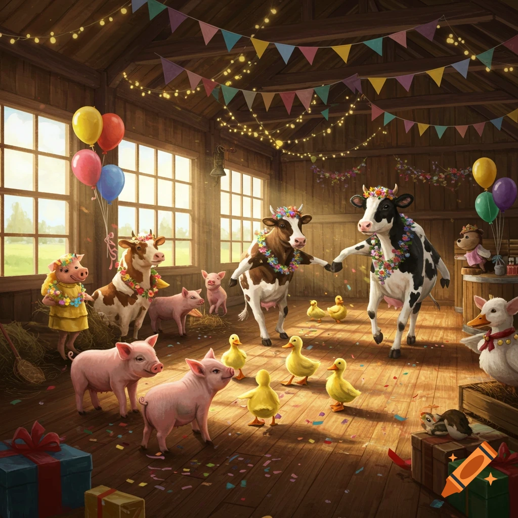 Whimsical illustration of cows, pigs, and ducks having a colorful party inside a barn with dancing cows and confetti.