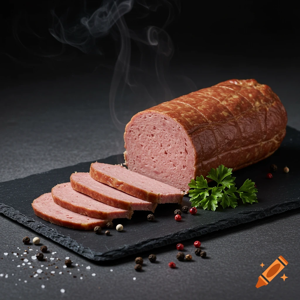 Photorealistic image of a partially sliced meatloaf (Leberkäse) on a black slate board, garnished with parsley and peppercorns, with subtle steam rising.