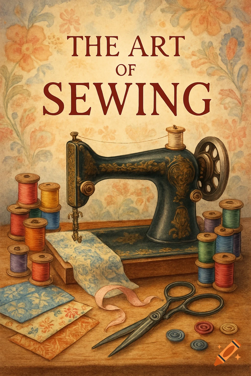 A vintage illustration of a sewing machine, colorful spools of thread, fabric, scissors, and buttons on a wooden table, with text 'THE ART OF SEWING' on a floral background.