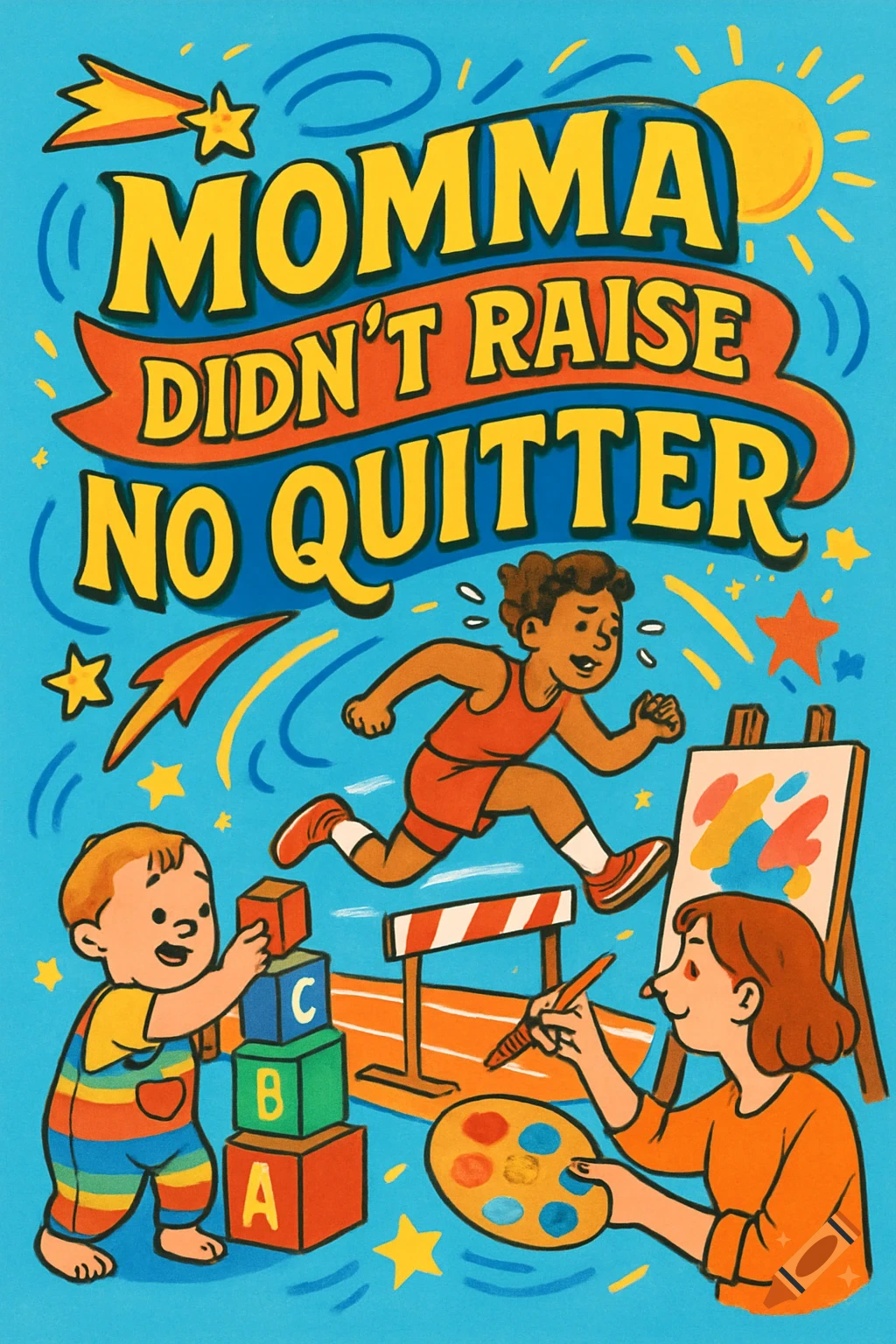 Vibrant cartoon depicting children playing with blocks, running hurdles, and painting, with text 'MOMMA DIDN'T RAISE NO QUITTER'.