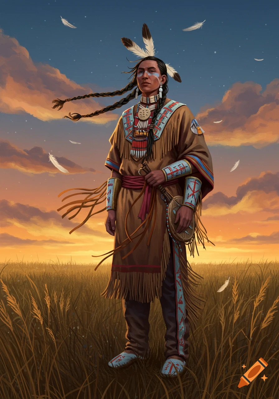 A person in traditional Native American attire stands in a grassy field at sunset, with feathers falling from the sky. Illustration.